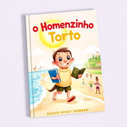 A charming and enchanting book cover for a children's story titled 'O Homenzinho Torto' by Saulo Piva Romero