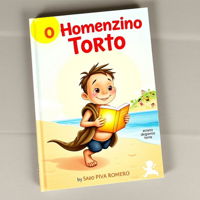 A charming and enchanting book cover for a children's story titled 'O Homenzinho Torto' by Saulo Piva Romero