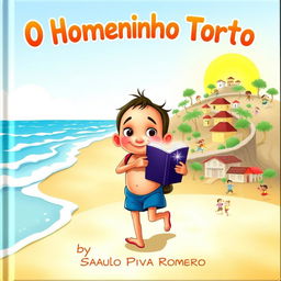A charming and enchanting book cover for a children's story titled 'O Homenzinho Torto' by Saulo Piva Romero