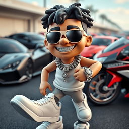 A sporty figurine character, smiling with a diamond-studded chain around its neck and a diamond watch on its wrist