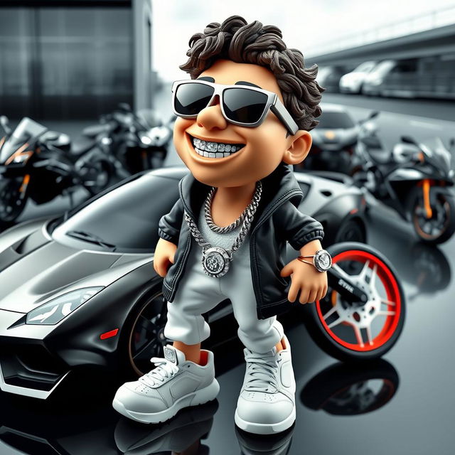 A sporty figurine character, smiling with a diamond-studded chain around its neck and a diamond watch on its wrist