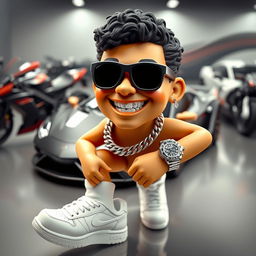 A sporty figurine character, smiling with a diamond-studded chain around its neck and a diamond watch on its wrist