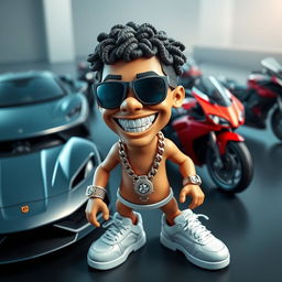 A sporty figurine character, smiling with a diamond-studded chain around its neck and a diamond watch on its wrist