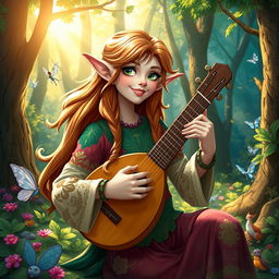 A semi-elf bard in a vibrant forest setting, adorned in colorful attire with intricate patterns, playing a lute with a joyful expression