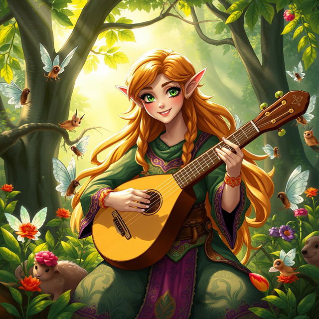 A semi-elf bard in a vibrant forest setting, adorned in colorful attire with intricate patterns, playing a lute with a joyful expression