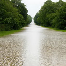 A one-lane road dramatically flooded by water, creating a powerful scene of nature's force disrupting man-made infrastructure.