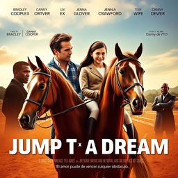 A movie poster featuring a determined-looking father, resembling Bradley Cooper, holding the reins of a beautiful horse
