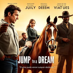 A movie poster featuring a determined-looking father, resembling Bradley Cooper, holding the reins of a beautiful horse