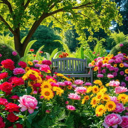 A picturesque summer scene set in a sunlit garden overflowing with a vibrant selection of colorful flowers, including vivid red roses, bright yellow sunflowers, and lush pink peonies