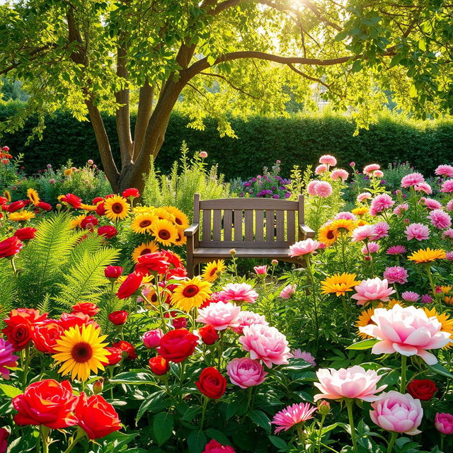 A picturesque summer scene set in a sunlit garden overflowing with a vibrant selection of colorful flowers, including vivid red roses, bright yellow sunflowers, and lush pink peonies