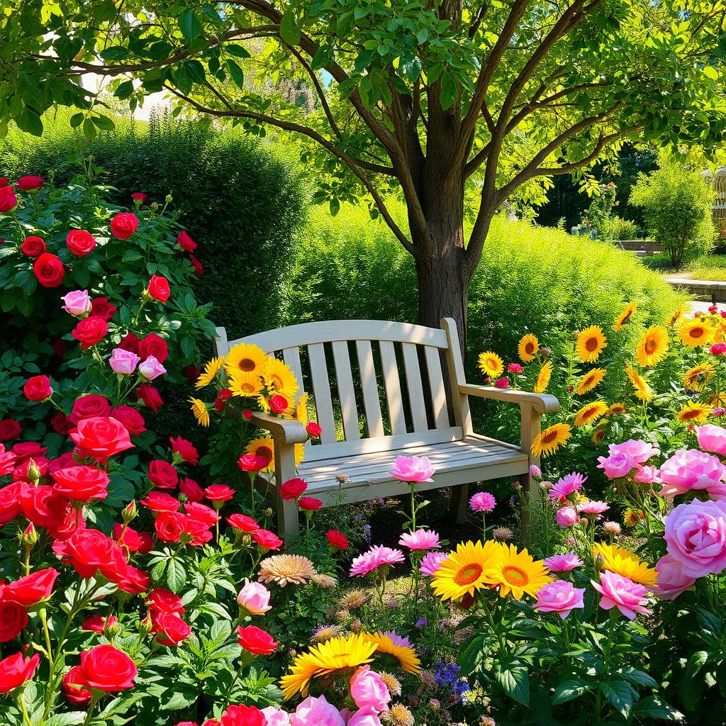 A picturesque summer scene set in a sunlit garden overflowing with a vibrant selection of colorful flowers, including vivid red roses, bright yellow sunflowers, and lush pink peonies