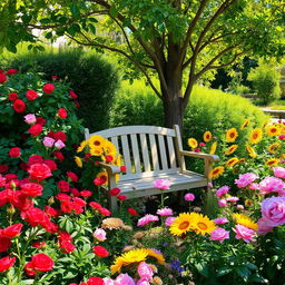 A picturesque summer scene set in a sunlit garden overflowing with a vibrant selection of colorful flowers, including vivid red roses, bright yellow sunflowers, and lush pink peonies