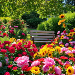 A picturesque summer scene set in a sunlit garden overflowing with a vibrant selection of colorful flowers, including vivid red roses, bright yellow sunflowers, and lush pink peonies