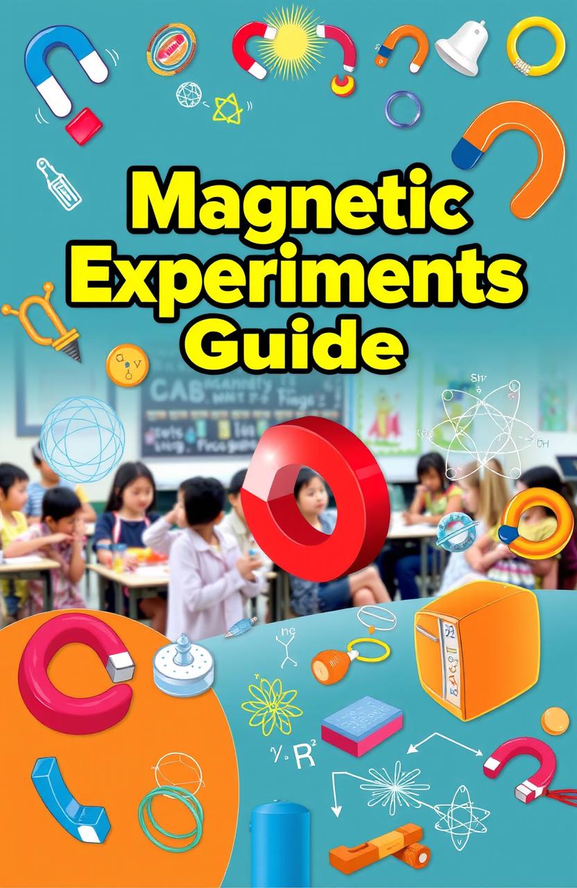 A visually engaging book cover for a guide about magnetic experiments, featuring an array of colorful magnets and magnetic fields illustrated artistically