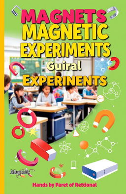 A visually engaging book cover for a guide about magnetic experiments, featuring an array of colorful magnets and magnetic fields illustrated artistically