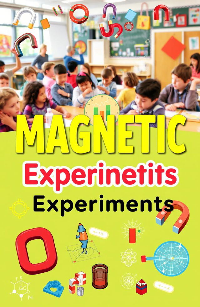 A visually engaging book cover for a guide about magnetic experiments, featuring an array of colorful magnets and magnetic fields illustrated artistically