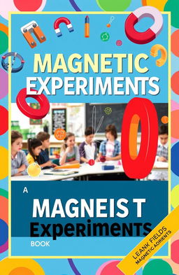 A visually engaging book cover for a guide about magnetic experiments, featuring an array of colorful magnets and magnetic fields illustrated artistically