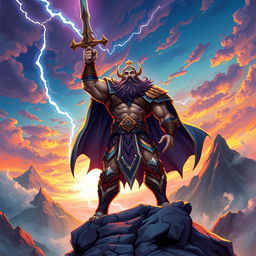 A dynamic illustration of Tryndamere, the immortal god from Wild Rift, standing triumphantly in a vibrant, mystical landscape