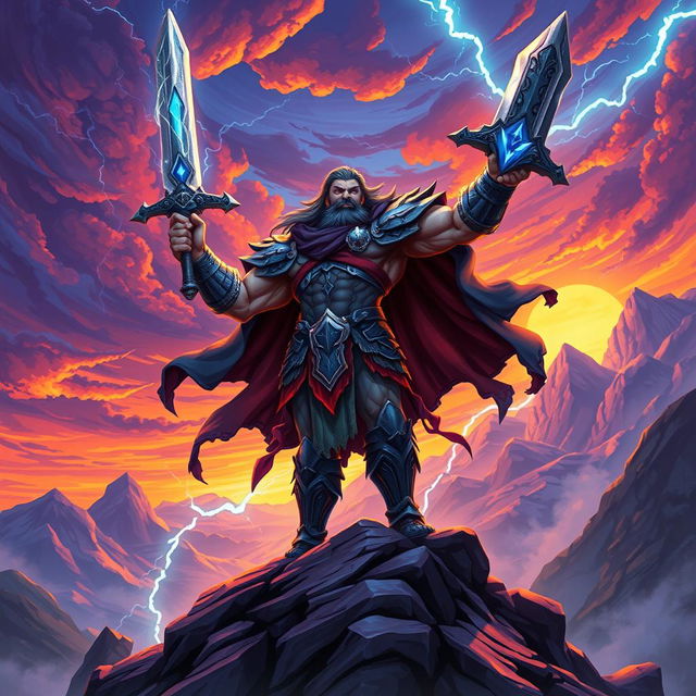 A dynamic illustration of Tryndamere, the immortal god from Wild Rift, standing triumphantly in a vibrant, mystical landscape