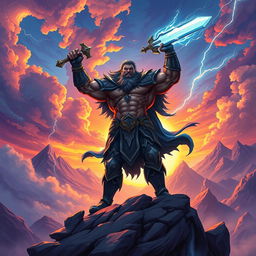 A dynamic illustration of Tryndamere, the immortal god from Wild Rift, standing triumphantly in a vibrant, mystical landscape