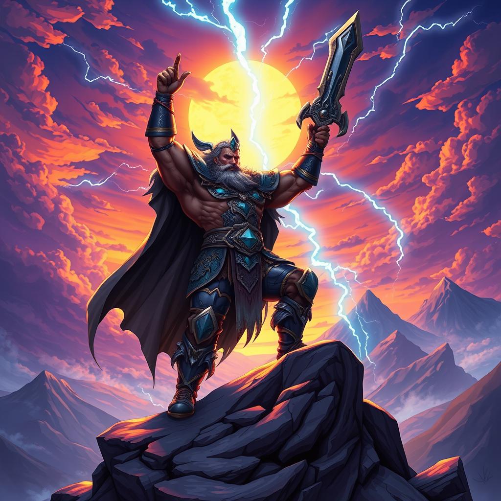 A dynamic illustration of Tryndamere, the immortal god from Wild Rift, standing triumphantly in a vibrant, mystical landscape