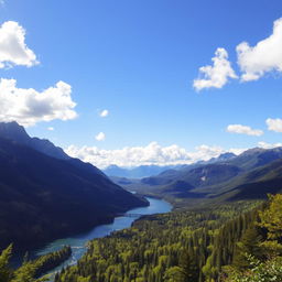 A breathtaking landscape featuring towering mountains with jagged peaks in the distance, a serene river meandering through a dense, lush forest brimming with vibrant greenery