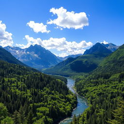 A breathtaking landscape featuring towering mountains with jagged peaks in the distance, a serene river meandering through a dense, lush forest brimming with vibrant greenery