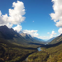 A breathtaking landscape featuring towering mountains with jagged peaks in the distance, a serene river meandering through a dense, lush forest brimming with vibrant greenery