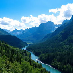 A breathtaking landscape featuring towering mountains with jagged peaks in the distance, a serene river meandering through a dense, lush forest brimming with vibrant greenery