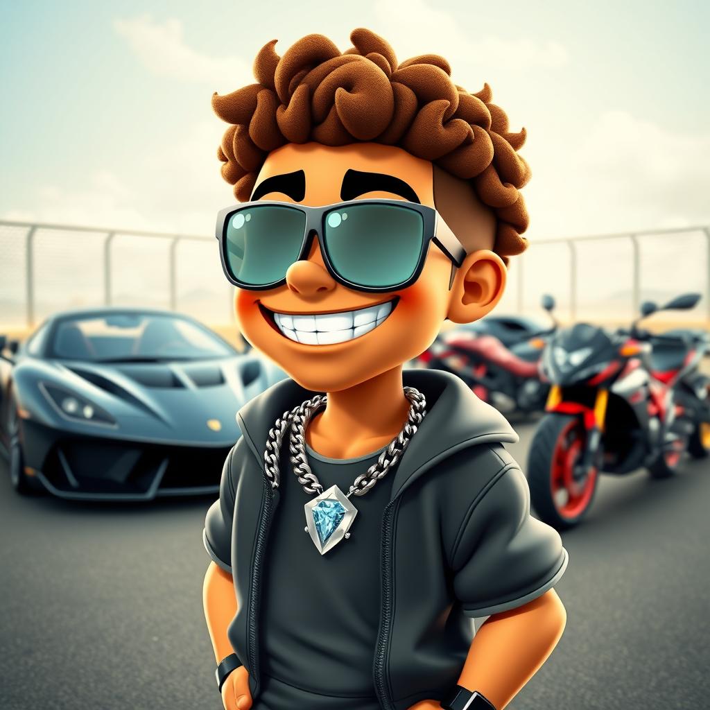 A cartoon character in sporty clothing, wearing a diamond chain and a diamond watch, with a big smile and diamond teeth