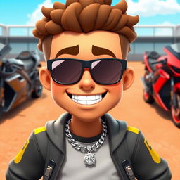 A cartoon character in sporty clothing, wearing a diamond chain and a diamond watch, with a big smile and diamond teeth