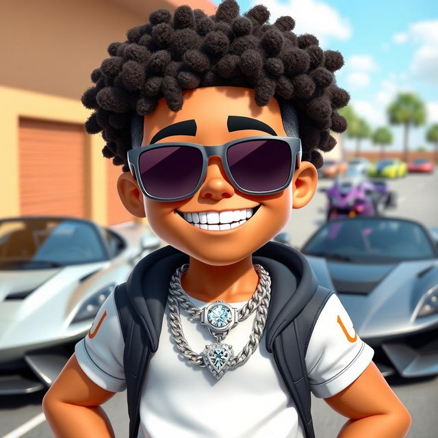 A cartoon character in sporty clothing, wearing a diamond chain and a diamond watch, with a big smile and diamond teeth