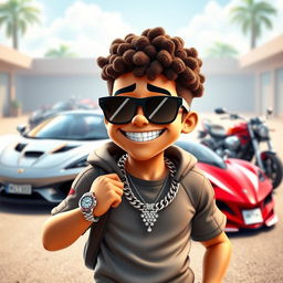 A cartoon character in sporty clothing, wearing a diamond chain and a diamond watch, with a big smile and diamond teeth