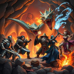 A dynamic and intense scene showcasing a Dungeons & Dragons party encountering a fierce dragon in a fiery lair