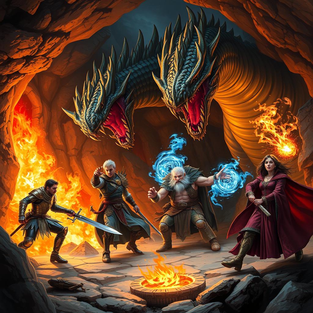 A dynamic and intense scene showcasing a Dungeons & Dragons party encountering a fierce dragon in a fiery lair