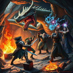 A dynamic and intense scene showcasing a Dungeons & Dragons party encountering a fierce dragon in a fiery lair