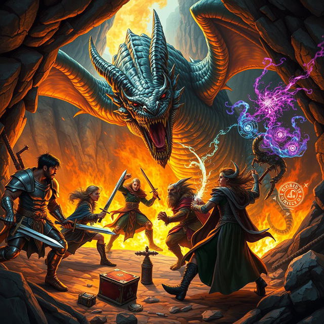 A dynamic and intense scene showcasing a Dungeons & Dragons party encountering a fierce dragon in a fiery lair