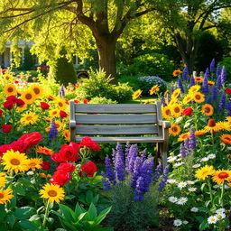 A picturesque summer scene set in a sunlit garden, bursting with an exquisite assortment of colorful flowers such as vibrant red roses, bright yellow sunflowers, delicate lavender, and cheerful daisies