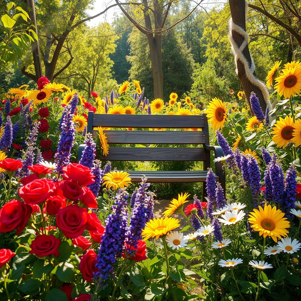 A picturesque summer scene set in a sunlit garden, bursting with an exquisite assortment of colorful flowers such as vibrant red roses, bright yellow sunflowers, delicate lavender, and cheerful daisies