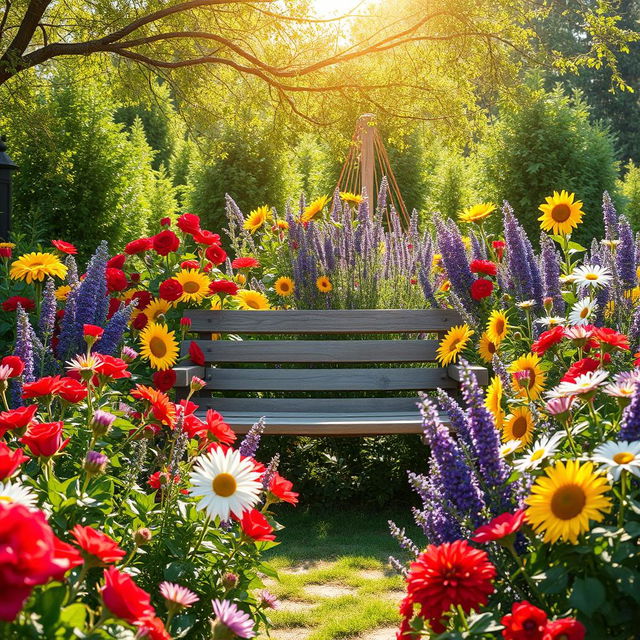 A picturesque summer scene set in a sunlit garden, bursting with an exquisite assortment of colorful flowers such as vibrant red roses, bright yellow sunflowers, delicate lavender, and cheerful daisies