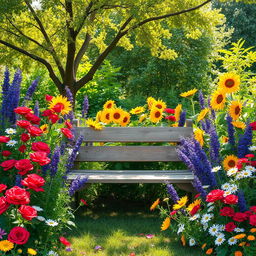A picturesque summer scene set in a sunlit garden, bursting with an exquisite assortment of colorful flowers such as vibrant red roses, bright yellow sunflowers, delicate lavender, and cheerful daisies
