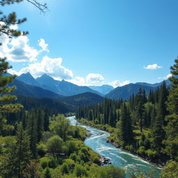 A picturesque landscape showcasing majestic mountains with rugged peaks in the distance, a gently flowing river winding through a lush, vibrant forest filled with rich greenery and diverse wildlife