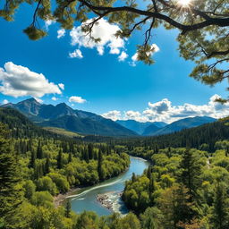 A picturesque landscape showcasing majestic mountains with rugged peaks in the distance, a gently flowing river winding through a lush, vibrant forest filled with rich greenery and diverse wildlife