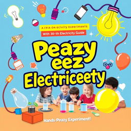 A vibrant and engaging book cover for a guide titled 'Eeazy Peezy Electriceety' about electricity experiments, featuring a colorful representation of various electrical concepts and experiments