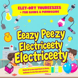 A vibrant and engaging book cover for a guide titled 'Eeazy Peezy Electriceety' about electricity experiments, featuring a colorful representation of various electrical concepts and experiments