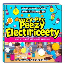 A vibrant and engaging book cover for a guide titled 'Eeazy Peezy Electriceety' about electricity experiments, featuring a colorful representation of various electrical concepts and experiments