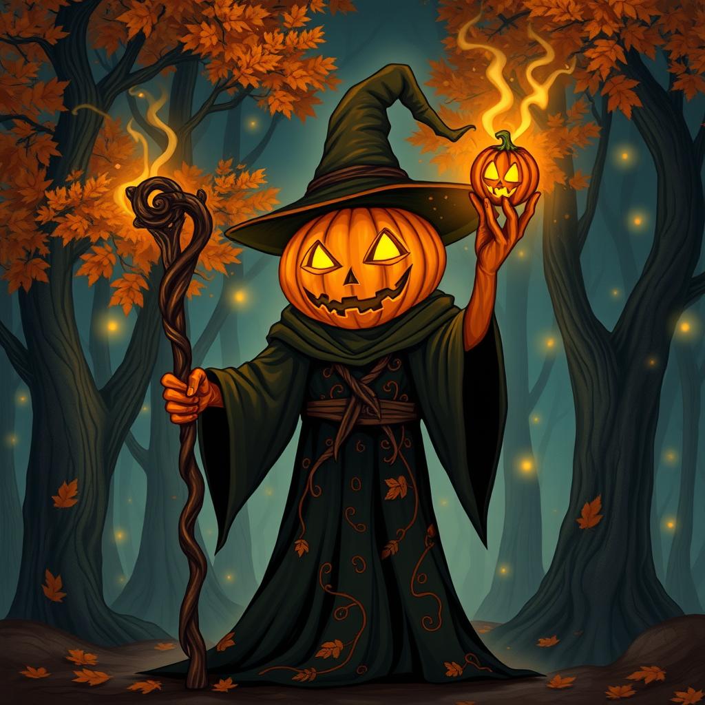 A striking and whimsical illustration of a pumpkin humanoid warlock standing in an enchanted forest