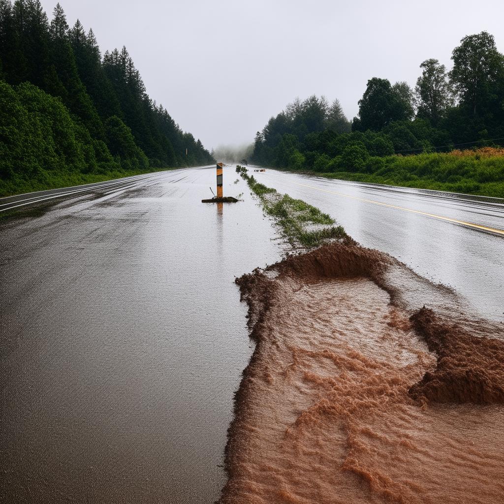 A one-lane road dramatically flooded by water, creating a powerful scene of nature's force disrupting man-made infrastructure.