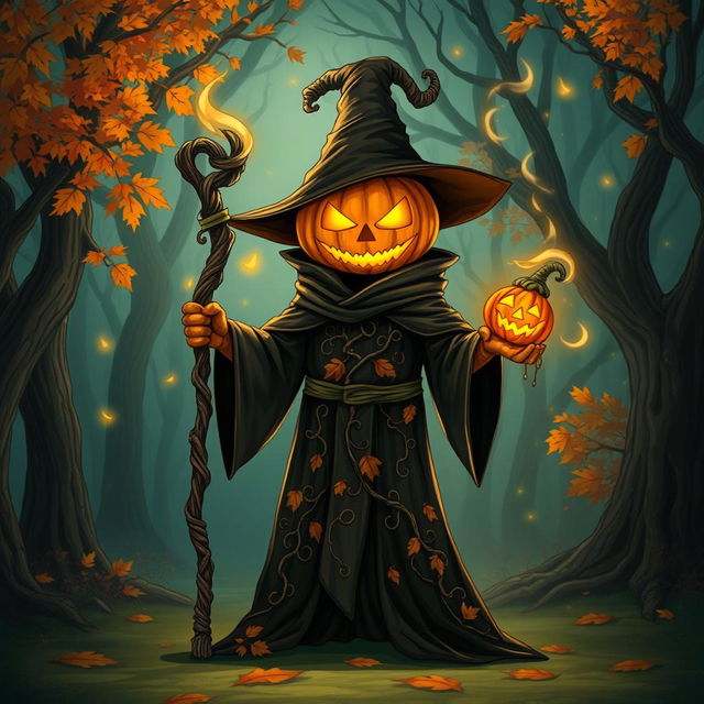 A striking and whimsical illustration of a pumpkin humanoid warlock standing in an enchanted forest