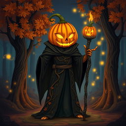 A striking and whimsical illustration of a pumpkin humanoid warlock standing in an enchanted forest